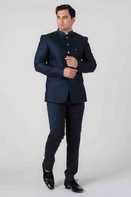Pintucked Terry Rayon Jodhpuri Suit in Navy Blue : MHG2800